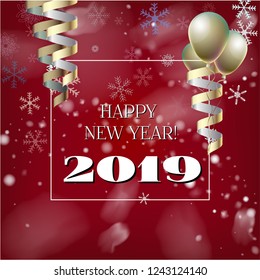 2019 New Year, Christmas Vector Card on Red with Snow. Snowflakes Gold Serpentine Square Celebration Gift Voucher Background. Holiday Streamers Foil Deco. 2019 New Year Christmas Grunge Red Card
