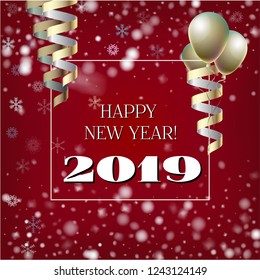 2019 New Year, Christmas Vector Card on Red with Snow. Snowflakes, Sparkles Gold Square Celebration Gift Voucher Background. Holiday Decoration Layout. Cool 2019 New Year Christmas Card on Red