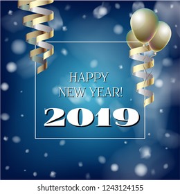2019 New Year, Christmas Vector Card on Blue with Snow. Snowflakes, Sparkles Gold Square Celebration Gift Voucher Background. Holiday Decoration Layout. Funky 2019 New Year Christmas Blue Card