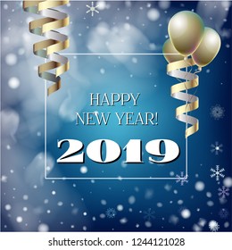 2019 New Year, Christmas Vector Card on Blue with Snow. Heavy Snowfall, Snowflakes Square Gift Voucher or Celebration Background. Party Streamers Decoration. Nice 2019 New Year Christmas Blue Card