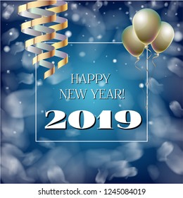 2019 New Year, Christmas Vector Card with Snow on Blue. Snowflakes, Sparkles Gold Square Celebration Gift Voucher Background. Holiday Streamers Foil Deco. Nice 2019 New Year Christmas Blue Card