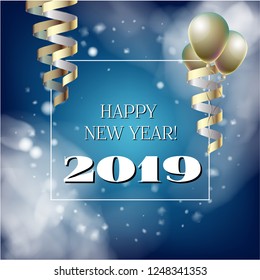 2019 New Year, Christmas Vector Card with Snow on Blue. Snowflakes Heavy Snowfall Square Celebration Gift Voucher Background. Party Streamers Decoration. Nice 2019 New Year Christmas Blue Card