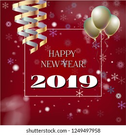 2019 New Year, Christmas Vector Card on Red with Snow. Snowflakes, Sparkles Gold Square Celebration Gift Voucher Background. Party Streamers Decoration. 2019 New Year Christmas Grunge Red Card