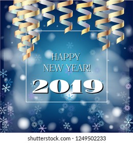 2019 New Year, Christmas Vector Card with Snow on Blue. Heavy Snowfall, Snowflakes Square Gift Voucher or Celebration Background. Party Streamers Decoration. Funky 2019 New Year Christmas Blue Card