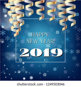 2019 New Year, Christmas Vector Card on Blue with Snow. Snowflakes Sparkle Gold Abstract Square Flyer Minimal Celebration Frame. Holiday Streamers Foil Deco. Nice 2019 New Year Christmas Blue Card