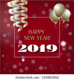 2019 New Year, Christmas Vector Card on Red with Snow. Snowflakes, Sparkles Gold Square Gift Voucher Celebration Background. Holiday Decoration Template. Funky 2019 New Year Christmas Red Card