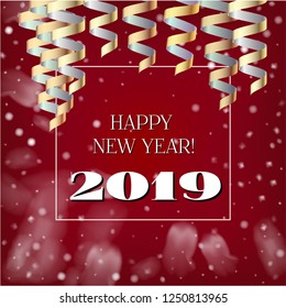 2019 New Year, Christmas Vector Card on Red with Snow. Heavy Snowfall, Snowflakes Square Gift Voucher or Celebration Background. Holiday Decoration Layout. Funky 2019 New Year Christmas Red Card