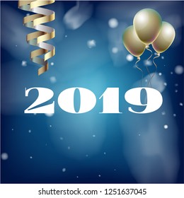 2019 New Year, Christmas Vector Card with Snow on Blue. Snowflakes, Sparkles Gold Square Gift Voucher Celebration Background. Holiday Streamers Foil Deco. Nice 2019 New Year Christmas Blue Card