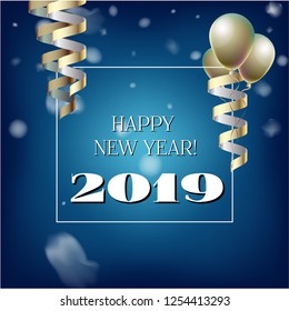 2019 New Year, Christmas Vector Card with Snow on Blue. Snowflakes Sparkle Gold Abstract Square Flyer Minimal Celebration Frame. Holiday Decoration Template. Funky 2019 New Year Christmas Blue Card