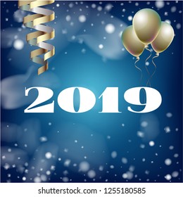 2019 New Year, Christmas Vector Card on Blue with Snow. Snowflakes Heavy Snowfall Square Celebration Gift Voucher Background.