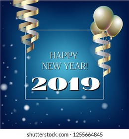2019 New Year, Christmas Vector Card with Snow on Blue. Heavy Snowfall, Snowflakes Square Gift Voucher or Celebration Background.