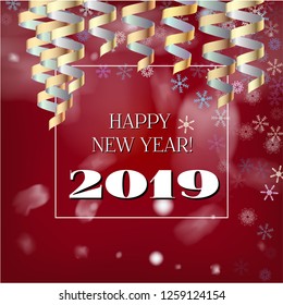 2019 New Year, Christmas Vector Card with Snow on Red. Snowflakes, Sparkles Gold Square Celebration Gift Voucher Background. Party Streamers Decoration. Nice 2019 New Year Christmas Red Card