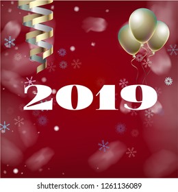 2019 New Year, Christmas Vector Card with Snow on Red. Snowflakes Heavy Snowfall Square Celebration Gift Voucher Background. Holiday Decoration Layout. Funky 2019 New Year Christmas Red Card