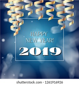 2019 New Year, Christmas Vector Card on Blue with Snow. Snowflakes, Sparkles Gold Square Celebration Gift Voucher Background. Holiday Streamers Foil Deco. Nice 2019 New Year Christmas Blue Card