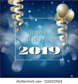 2019 New Year, Christmas Vector Card on Blue with Snow. Snowflakes, Sparkles Gold Square Celebration Gift Voucher Background. Holiday Streamers Foil Deco. 2019 New Year Christmas Grunge Blue Card