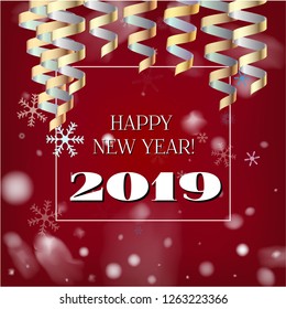 2019 New Year, Christmas Vector Card on Red with Snow. Heavy Snowfall, Snowflakes Square Gift Voucher or Celebration Background. Holiday Decoration Template. 2019 New Year Christmas Grunge Red Card