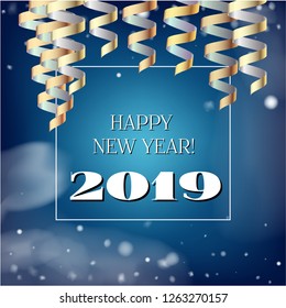 2019 New Year, Christmas Vector Card on Blue with Snow. Snowflakes Heavy Snowfall Square Celebration Gift Voucher Background. Party Streamers Decoration. 2019 New Year Christmas Grunge Blue Card