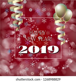 2019 New Year, Christmas Vector Card on Red with Snow. Snowflakes, Sparkles Gold Square Celebration Gift Voucher Background. Holiday Decoration Layout. 