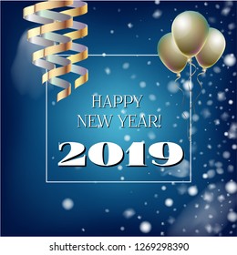 2019 New Year, Christmas Vector Card with Snow on Blue. Snowflakes, Sparkles Gold Abstract Square Flyer Celebration Background. Holiday Decoration Template. Funky 2019 New Year Christmas Blue Card