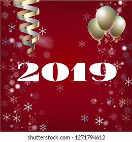 2019 New Year, Christmas Vector Card on Red with Snow. Snowflakes, Sparkles Gold Square Celebration Gift Voucher Background. Party Streamers Decoration. Funky 2019 New Year Christmas Red Card
