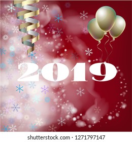 2019 New Year, Christmas Vector Card on Red with Snow. Snowflakes Heavy Snowfall Square Celebration Gift Voucher Background. Holiday Decoration Template. Nice 2019 New Year Christmas Red Card