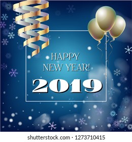 2019 New Year, Christmas Vector Card with Snow on Blue. Snowflakes Sparkle Gold Abstract Square Flyer Minimal Celebration Border. Holiday Decoration Template. Funky 2019 New Year Christmas Blue Card