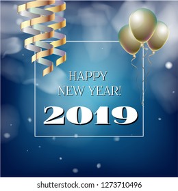 2019 New Year, Christmas Vector Card with Snow on Blue. Snowflakes Sparkle Gold Abstract Square Flyer Minimal Celebration Border. Holiday Decoration Template. 2019 New Year Christmas Grunge Blue Card