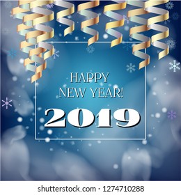 2019 New Year, Christmas Vector Card with Snow on Blue. Snowflakes Heavy Snowfall Square Celebration Gift Voucher Background. Party Streamers Decoration. Nice 2019 New Year Christmas Blue Card