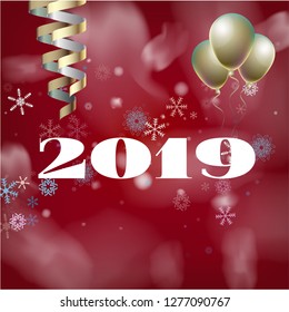 2019 New Year, Christmas Vector Card on Red with Snow. Snowflakes, Sparkles Gold Square Celebration Gift Voucher Background. Holiday Streamers Foil Deco. Cool 2019 New Year Christmas Card on Red