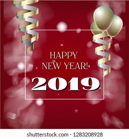 2019 New Year, Christmas Vector Card on Red with Snow. Heavy Snowfall, Snowflakes Square Gift Voucher or Celebration Background. Holiday Streamers Foil Deco. Cool 2019 New Year Christmas Card on Red