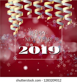 2019 New Year, Christmas Vector Card on Red with Snow. Snowflakes, Sparkles Gold Abstract Square Flyer Celebration Background. Holiday Streamers Foil Deco. 2019 New Year Christmas Grunge Red Card
