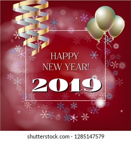 2019 New Year, Christmas Vector Card with Snow on Red. Snowflakes, Sparkles Gold Square Gift Voucher Celebration Background. Holiday Decoration Template. 2019 New Year Christmas Grunge Red Card