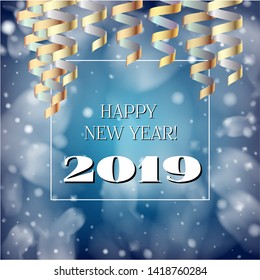 2019 New Year, Christmas Vector Card with Snow on Blue. Snowflakes, Sparkles Gold Square Celebration Gift Voucher Background. Holiday Streamers Foil Deco. Cool 2019 New Year Christmas Card on Blue