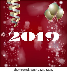 2019 New Year, Christmas Vector Card with Snow on Red. Snowflakes Gold Serpentine Square Celebration Gift Voucher Background. Holiday Decoration Template. Funky 2019 New Year Christmas Red Card