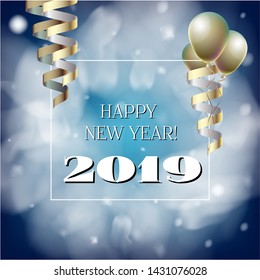 2019 New Year, Christmas Vector Card on Blue with Snow. Snowflakes, Sparkles Gold Abstract Square Flyer Celebration Background. Holiday Streamers Foil Deco. Nice 2019 New Year Christmas Blue Card