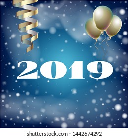 2019 New Year, Christmas Vector Card on Blue with Snow. Snowflakes, Sparkles Gold Square Celebration Gift Voucher Background. Holiday Streamers Foil Deco. Funky 2019 New Year Christmas Blue Card