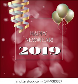 2019 New Year, Christmas Vector Card with Snow on Red. Snowflakes Sparkle Gold Abstract Square Flyer Minimal Celebration Border. Holiday Decoration Template. Funky 2019 New Year Christmas Red Card