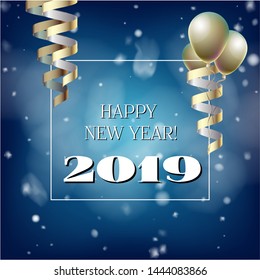 2019 New Year, Christmas Vector Card with Snow on Blue. Snowflakes Sparkle Gold Abstract Square Flyer Minimal Celebration Frame. Party Streamers Decoration. Cool 2019 New Year Christmas Card on Blue