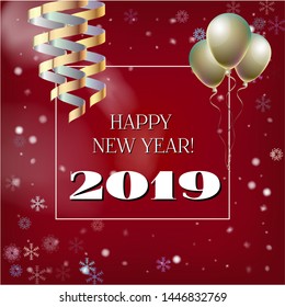 2019 New Year, Christmas Vector Card with Snow on Red. Snowflakes, Sparkles Gold Abstract Square Flyer Celebration Background. Holiday Streamers Foil Deco. Cool 2019 New Year Christmas Card on Red