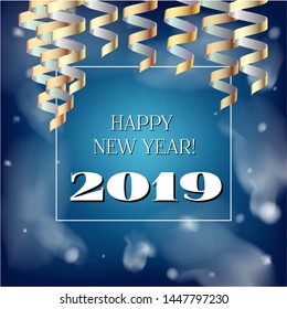 2019 New Year, Christmas Vector Card on Blue with Snow. Snowflakes Heavy Snowfall Square Celebration Gift Voucher Background. Holiday Decoration Layout. Nice 2019 New Year Christmas Blue Card