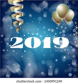 2019 New Year, Christmas Vector Card with Snow on Blue. Snowflakes Gold Serpentine Square Celebration Gift Voucher Background. Holiday Streamers Foil Deco. Cool 2019 New Year Christmas Card on Blue