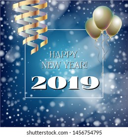 2019 New Year, Christmas Vector Card with Snow on Blue. Heavy Snowfall, Snowflakes Square Gift Voucher or Celebration Background. Party Streamers Decoration. Cool 2019 New Year Christmas Card on Blue
