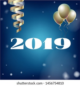 2019 New Year, Christmas Vector Card with Snow on Blue. Snowflakes Heavy Snowfall Square Celebration Gift Voucher Background. Holiday Streamers Foil Deco. Cool 2019 New Year Christmas Card on Blue