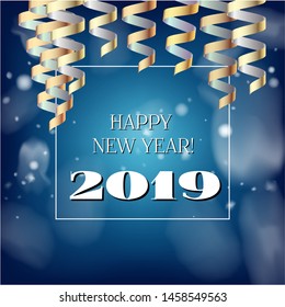 2019 New Year, Christmas Vector Card with Snow on Blue. Snowflakes Sparkle Gold Abstract Square Flyer Minimal Celebration Frame. Holiday Decoration Template. 2019 New Year Christmas Grunge Blue Card