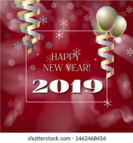 2019 New Year, Christmas Vector Card on Red with Snow. Snowflakes Gold Serpentine Square Celebration Gift Voucher Background. Holiday Streamers Foil Deco. 2019 New Year Christmas Grunge Red Card