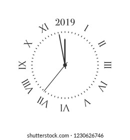 2019 New Year clock. Round retro clock with Roman numbers, and 2019 midnight numbers.