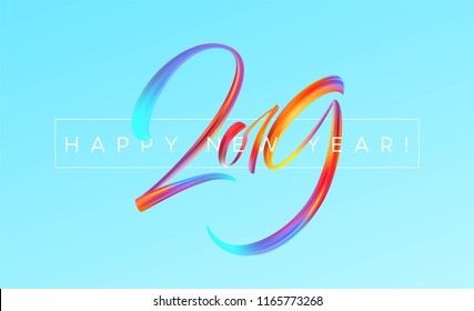 2019 New Year colorful brushstroke oil or acrylic paint design element on blue background. Vector illustration EPS10