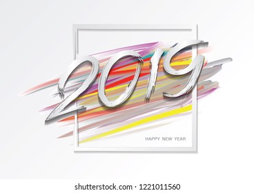 2019 New Year of a colorful brushstroke with Frame, Happy New Year Card design, web banner template, poster, postcard, Hand written lettering, abstract background, Vector illustration EPS10
