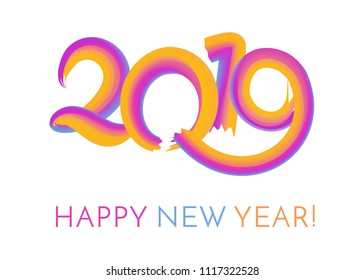 2019 New Year with a colourful brushstroke oil or acrylic paint lettering calligraphy design element. 