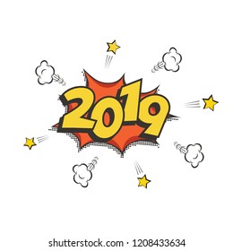 2019 New Year comic book style postcard or greeting card element. Vector 2019 New Year retro design.